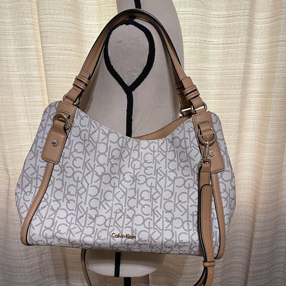 Calvin Klein Monogram White and Tan Satchel Bag